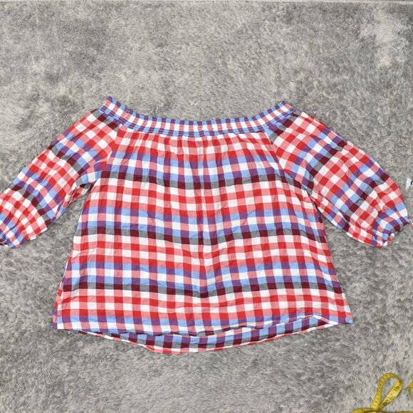Lane Bryant Red and Blue Plaid Off-Shoulder Top - Picture 3 of 8